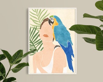 printable gallery, natural parrot, abstract female illustration, modern female fashion poster, feminine poster, wall art, digital download