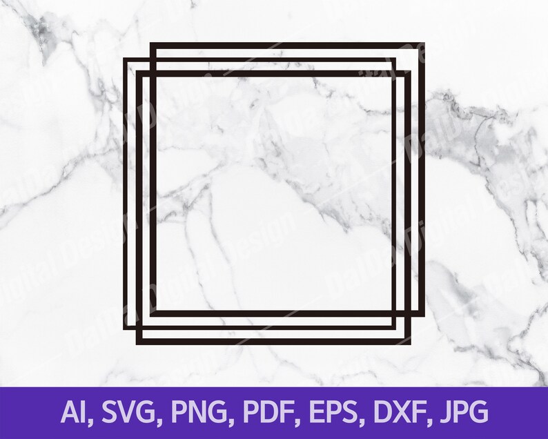 May include: A black square frame design on a white marble background. The frame consists of two nested squares. The bottom of the image contains the text: AI, SVG, PNG, PDF, EPS, DXF, JPG.