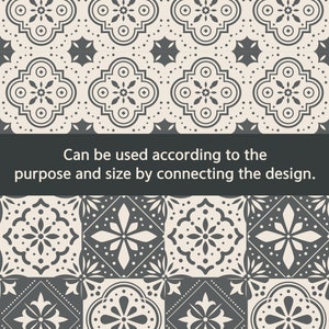 May include: Decorative tile pattern in a repeating design. The pattern features a combination of floral and geometric shapes in a neutral color palette of gray and cream. The text "Can be used according to the purpose and size by connecting the design."