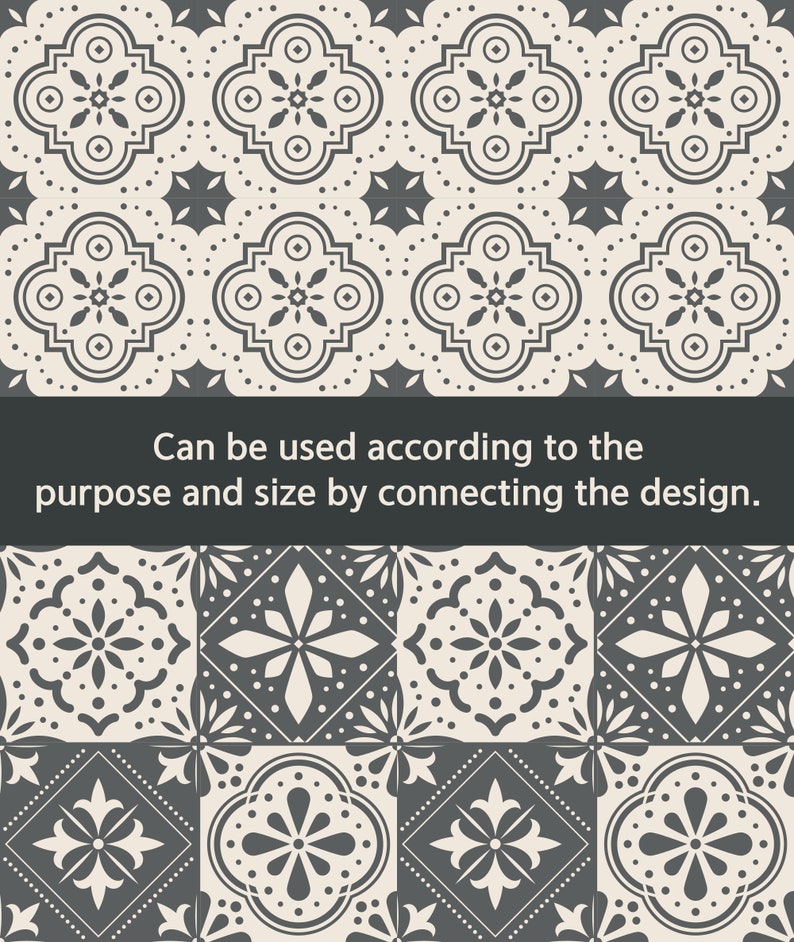 May include: Decorative tile pattern in a repeating design. The pattern features a combination of floral and geometric shapes in a neutral color palette of gray and cream. The text "Can be used according to the purpose and size by connecting the design."