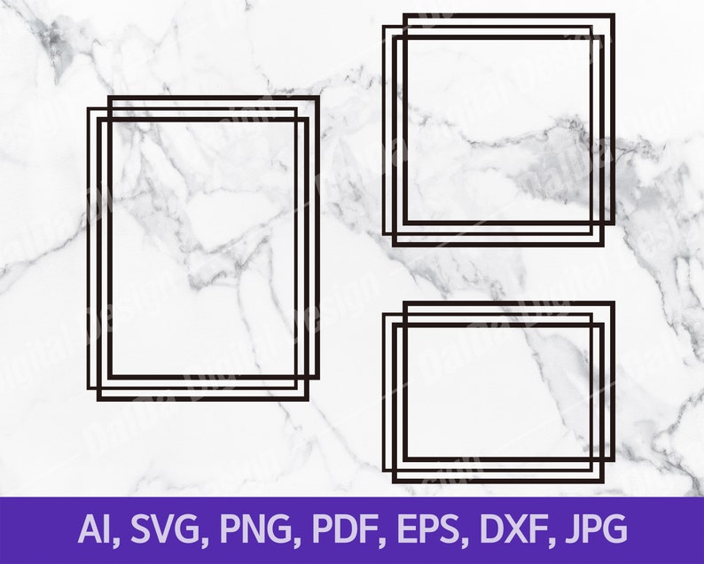 May include: Three black double-lined rectangular frames of varying sizes are displayed against a white marble background. The bottom of the image contains the text: AI, SVG, PNG, PDF, EPS, DXF, JPG.