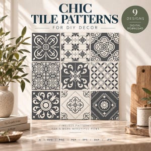 Może przedstawiać: Cyfrowa kolekcja 9 kwadratowych wzorów płytek w kolorze ciemnoszarym i kremowym. Tekst zawiera CHIC TILE PATTERNS FOR DIY DECOR, 9 DESIGNS DIGITAL DOWNLOAD, TIMELESS PATTERNS FOR A MORE BEAUTIFUL HOME oraz AI SVG PNG PDF EPS DXF JPG.