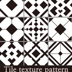 May include: Nine square tiles with black and white geometric patterns. Each tile features a unique design of diamonds, lines, and shapes. The text "Tile texture pattern" is at the bottom, along with file type options.