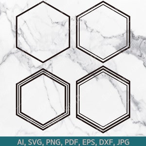 May include: Four black hexagon frames on a white marble background. The frames vary in design, with single and double outlines. The bottom of the image contains the text: AI, SVG, PNG, PDF, EPS, DXF, JPG.
