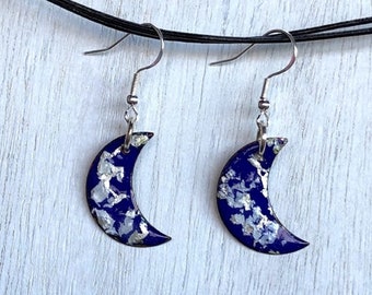 Celestial Earrings, Enamel on Copper with Silver Leaf Earrings,  Enamel Jewelry, Handcrafted, Copper, Dangle Earrings