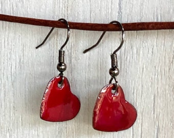 Heart Earrings, Dark Red Enamel Earrings, Enamel Jewelry, Handcrafted,  Valentine's Gift, Under 20 Gift