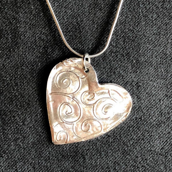 Fine Silver Heart Pendant Necklace, Swirl Heart Pendant, Precious Metal Clay, PMC, Sterling Silver Chain, Handmade, Valentine's Gift