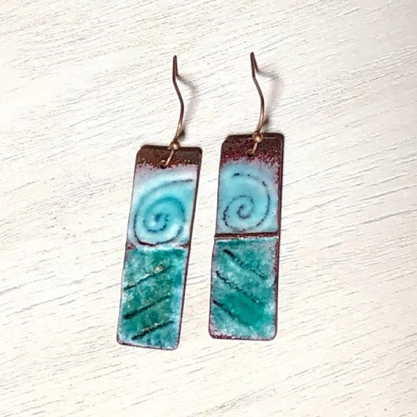 Sgraffito Enamel Earrings, Copper Fold Formed Earrings, Handcrafted, Dangle Earrings, Teal Earrings, Rectangle Earrings, Under 30 Gift