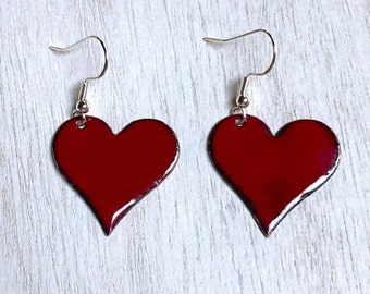 Heart Earrings, Dark Red Enamel Earrings, Enamel Jewelry, Handcrafted,  Valentine's Gift, Under 30 Gift