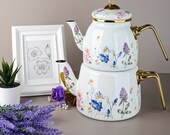 Enamel Teapot Set Turkish Tea Pot Set, Turkish Samovar Tea Maker, Tea Kettle for Loose Leaf Tea, Self-Strainer Caydanlik with Tea Gift