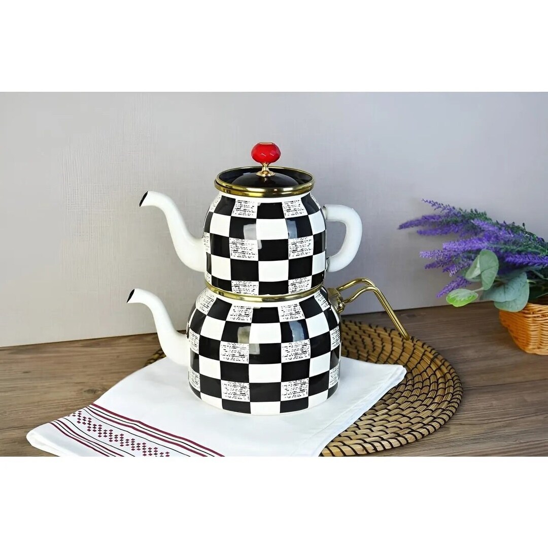 Black or White Enamel Teapot Set / Checker Pattern Turkish Etsy