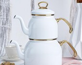 Enamel Teapot Set Turkish Tea Pot Set, Turkish Samovar Tea Maker, Tea Kettle for Loose Leaf Tea, Self-Strainer Caydanlik with Tea Gift