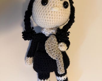 Wednesday Inspired Crochet Doll with Knife, Gothic Amigurumi Plush, Handmade Black and White Goth Doll, Spooky Crochet Gift, 12 Inch Plushie