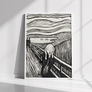 Pode incluir: Uma impressão em preto e branco de O Grito de Edvard Munch, apresentando uma figura central com as mãos no rosto em um gesto de angústia, em pé sobre uma ponte com um céu rodopiante e uma costa distante com duas figuras ao fundo.