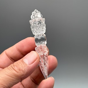 3.36&quot;Natural Clear Quartz Amulet Vajra Dorje Phurba,Three Mahakala head Phurba Dorje,Tibetan Buddhist Vajrakila Phurba,Reiki Healing Gift