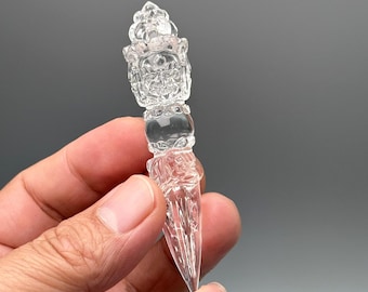 3.36"Natural Clear Quartz Amulet Vajra Dorje Phurba,Three Mahakala head Phurba Dorje,Tibetan Buddhist Vajrakila Phurba,Reiki Healing Gift