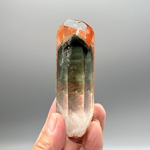 Green Phantom Quartz Crystal Point: Himalayan Pyramid Tower, Wooden Stand