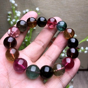 Deep Colors Natural rainbow tourmaline bracelet big round beads,Rare Elegant Tourmaline Multicolor Stretch Crystal Bracelet,Valentine Gift