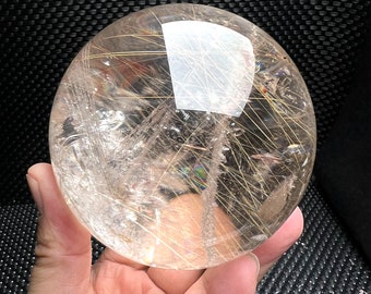 3.66インチ天然ゴールデンルチルクォーツクリスタルボール、チベットヒマラヤの見事なレインボー、ホワイトファントムクォーツ球、瞑想、装飾ボールギフト
