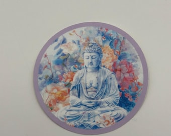 Peaceful Buddha In Purple Flower Garden Die Cut Water Resistant Vinyl Water Bottle Laptop Stickers