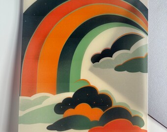 May include: A retro-style illustration of a rainbow with orange, green, and black stripes, set against a background of white clouds with black accents. The rainbow is partially obscured by the clouds, creating a sense of depth and perspective.