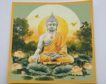 Peaceful Buddha In Yellow Lotus Garden Die Cut Water Resistant Vinyl Water Bottle Laptop Stickers