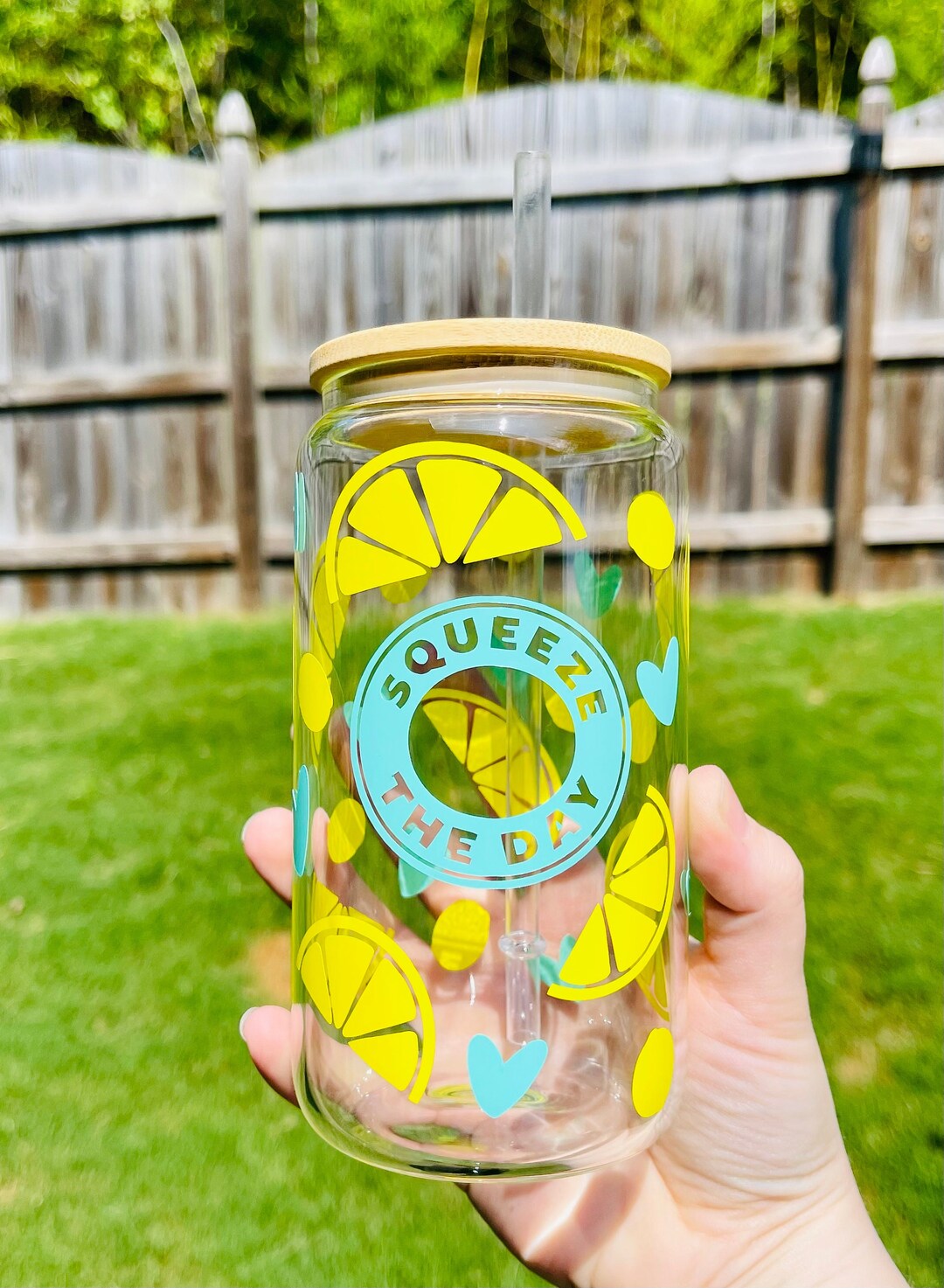 Squeeze the Day Lemon 16oz Beer Can Glass With Lid and Straw Summer