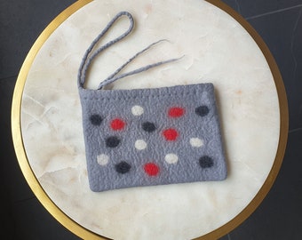 Gray with red black and white dots felted clutch, wollen purse, minimal design, crazy purse, gift for her