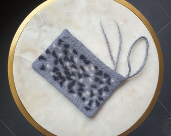 Gray black white felted clutch, mwrino wool purse, gift for her