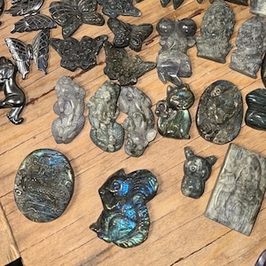 Labradorite Carvings! Unique! Star Fish, Dog Prints, Roses, Elephants, Locust, Dragons And More! Home Decor Gifts Present Handmade Crystal