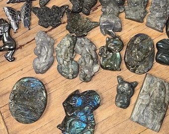 Labradorite Carvings! Unique! Star Fish, Dog Prints, Roses, Elephants, Locust, Dragons And More! Home Decor Gifts Present Handmade Crystal
