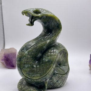 Carved Green Jade King Cobra Snake 5”+ Tall Handmade With Beautiful Colors! Natural Crystal Gift!