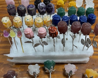 Beautiful Crystal Rose Flower Carvings On Metal Stems! Unique Present Gift Home Desk Decor Handmade Hairpin Accessory Healing Chakra Roses