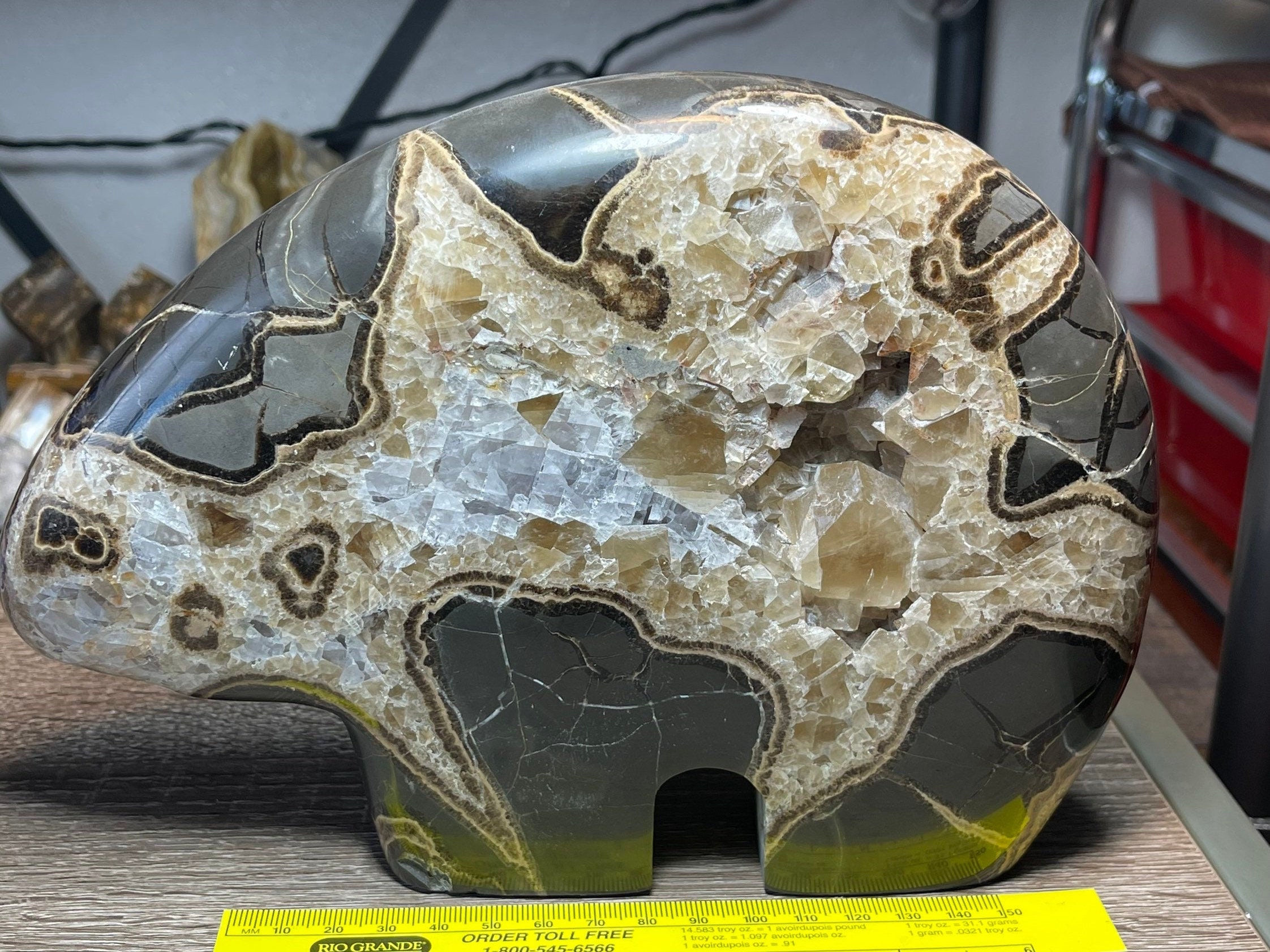 Utah Rare Septarianville Nodule Carved Bear With Crystal Pocket 