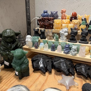 Star Wars Figures Carved 6” Yodas, Grogu, Stormtroopers, 4”+ Millennium Falcon, R2D2, Mandalorian Helmet Crystal Gift Movie Decor