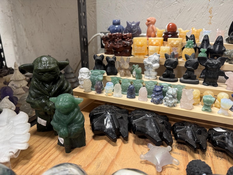 Star Wars Figures Carved 6” Yodas, Grogu, Stormtroopers, 4”+ Millennium Falcon, R2D2, Mandalorian Helmet Crystal Gift Movie Decor Green AventurineYoda