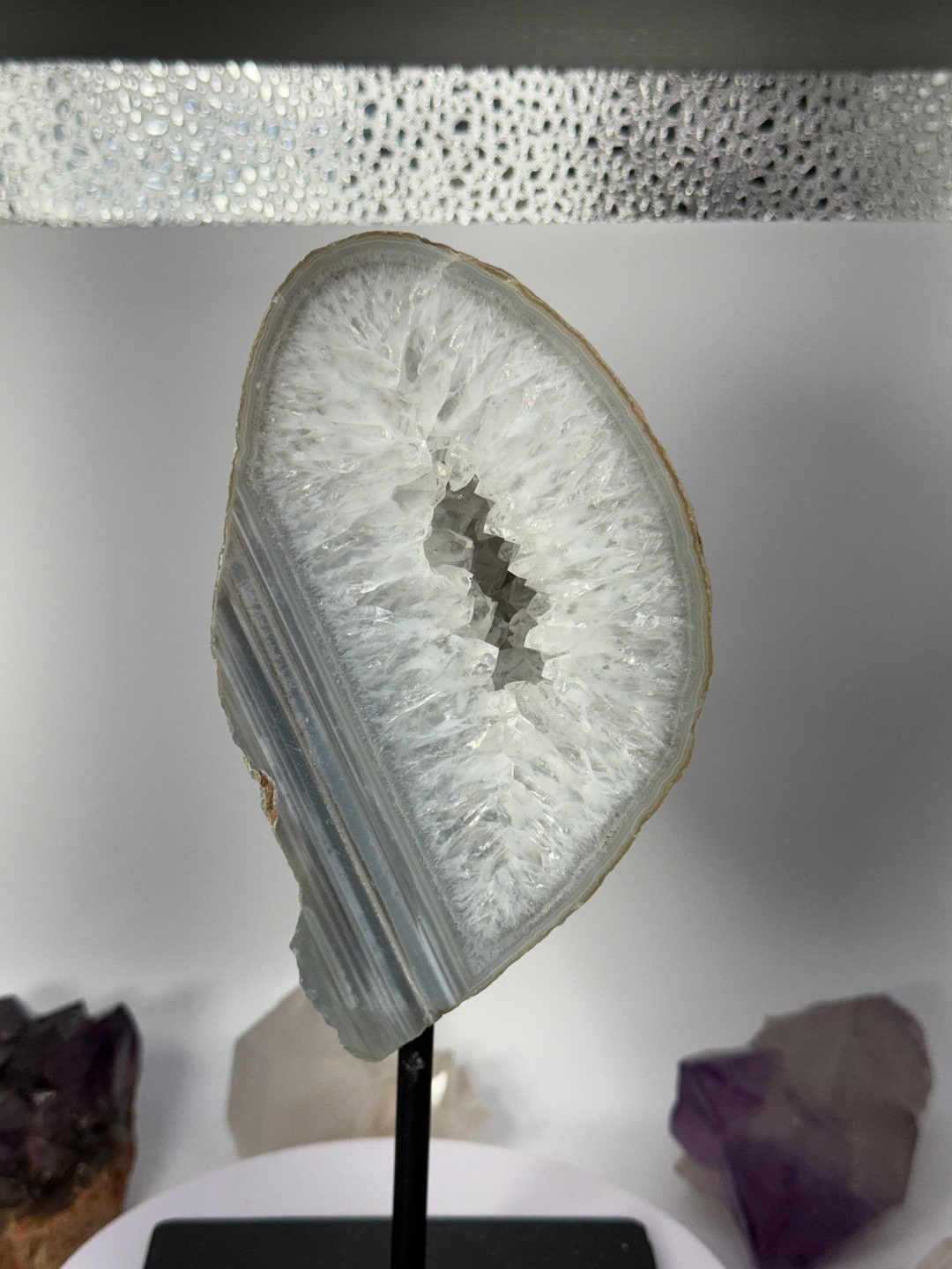 Beautiful 8.2 Banded Brazilian Agate Geode on Metal Stand Sparkly 