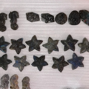 100’s Of Flashy Labradorite Carvings! Unique! Star Fish, Dog Prints, Roses, Elephants, Locust, Dragons And More!