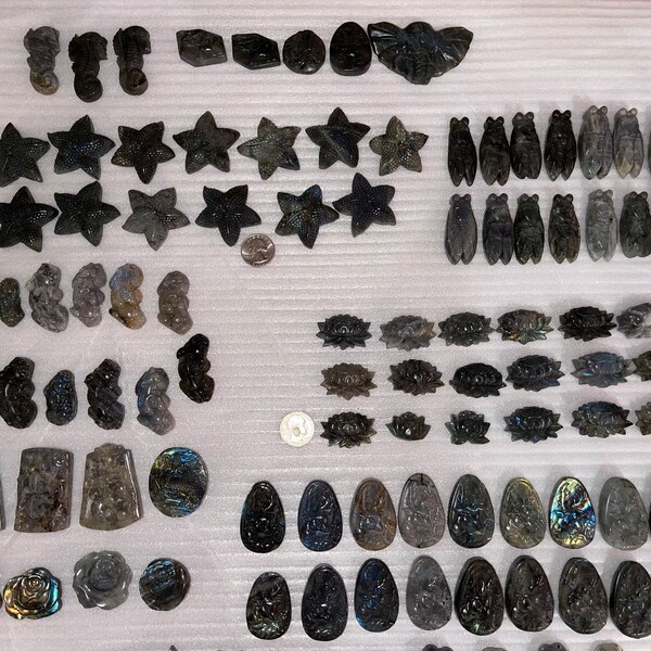 100’s Of Flashy Labradorite Carvings! Unique! Star Fish, Dog Prints, Roses, Elephants, Locust, Dragons And More!