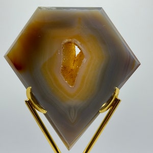 Beautiful Druzy Diamond Shaped Agate With Gold Stand (Very Sparkly Colorful Agate Pieces! Lots Of Crystals And Unique Patterns)