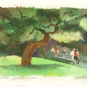 Original watercolor painting: Park Bench, Central Park, September 2, 2001