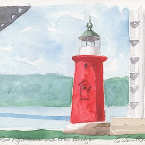 Original watercolor painting: Little Red Lighthouse and GW Bridge