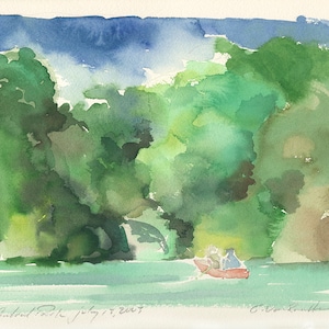Original watercolor painting: Rowing in Central Park, July 13, 2003