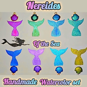 海のネレイデス、マーメイドの水彩画セット。オーガニックのハニージャスミンバインダーと高級顔料を使用し、手作りで制作されています。