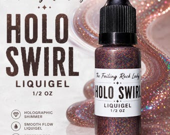 Może przedstawiać: Mała butelka The Foiling Rock Lady Holo Swirl Liquigel, 1/2 oz, zawierająca ciemny, brokatowy, holograficzny płyn. Etykieta zawiera nazwę produktu i markę. Za butelką ciągnie się smuga mieniącego się, opalizującego brązowego żelu.