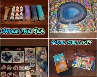 Under the Sea Mixed Media Art Kit 6 paints, 4  glitter whips, agate, keychain project, decals, stickers, baubles and bits and much more