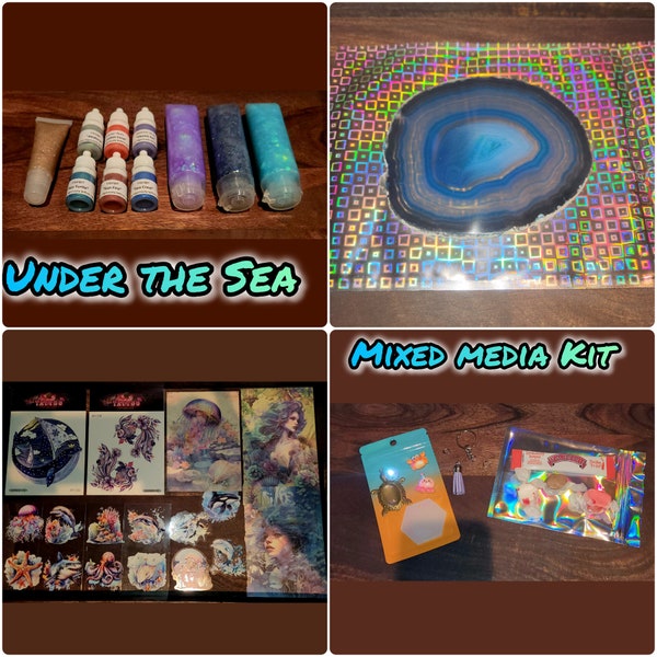 Under the Sea Mixed Media Art Kit 6 paints, 4  glitter whips, agate, keychain project, decals, stickers, baubles and bits and much more