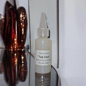 May include: A clear glass bottle with a white cap and label. The label reads "Glossy Shots "Top Coat" Roll to mix contents Do not shake".
