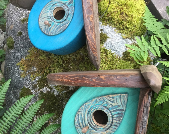 Birdhouse artisan handmade. Functional weatherproof.          Squirrel proof ceramic predator guard. Chickadee wren nuthatch birdhouses