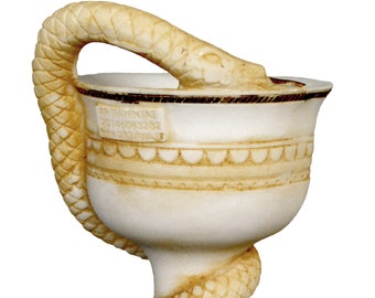 Cup of Asclepius - Snake Design - Symbol of Healing, Guardian of Sacred Places - Aged Alabaster sculpture